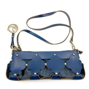 Italian Designer Navy Blue Clutch with Floral Leather Accents